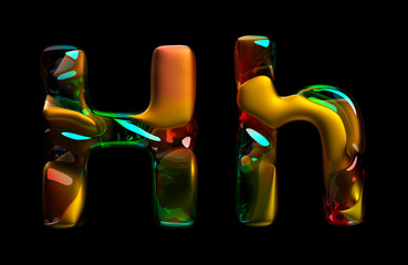 Fototapete - 3d render of abstract art of surreal 3d letters uppercase and lowercase letter h in organic curve wavy shape in matte metal material with glass parts in orange red green gradient color on black back