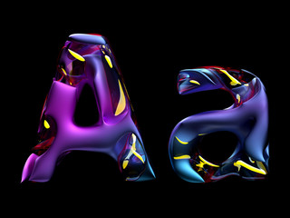 Fototapete - 3d render of abstract art of surreal 3d letters uppercase and lowercase letter a in organic curve wavy shape in matte metal material with glass parts in purple blue yellow gradient color on black back