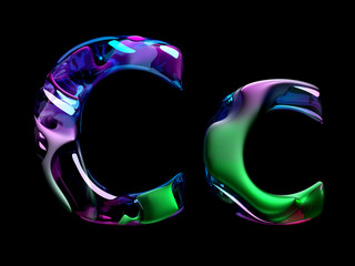 Fototapete - 3d render of abstract art of surreal 3d letters uppercase and lowercase letter c in organic curve wavy shape in matte metal material with glass parts in purple blue green gradient color on black back