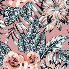 Wall Mural - Flowers leaves seamless pattern pink background