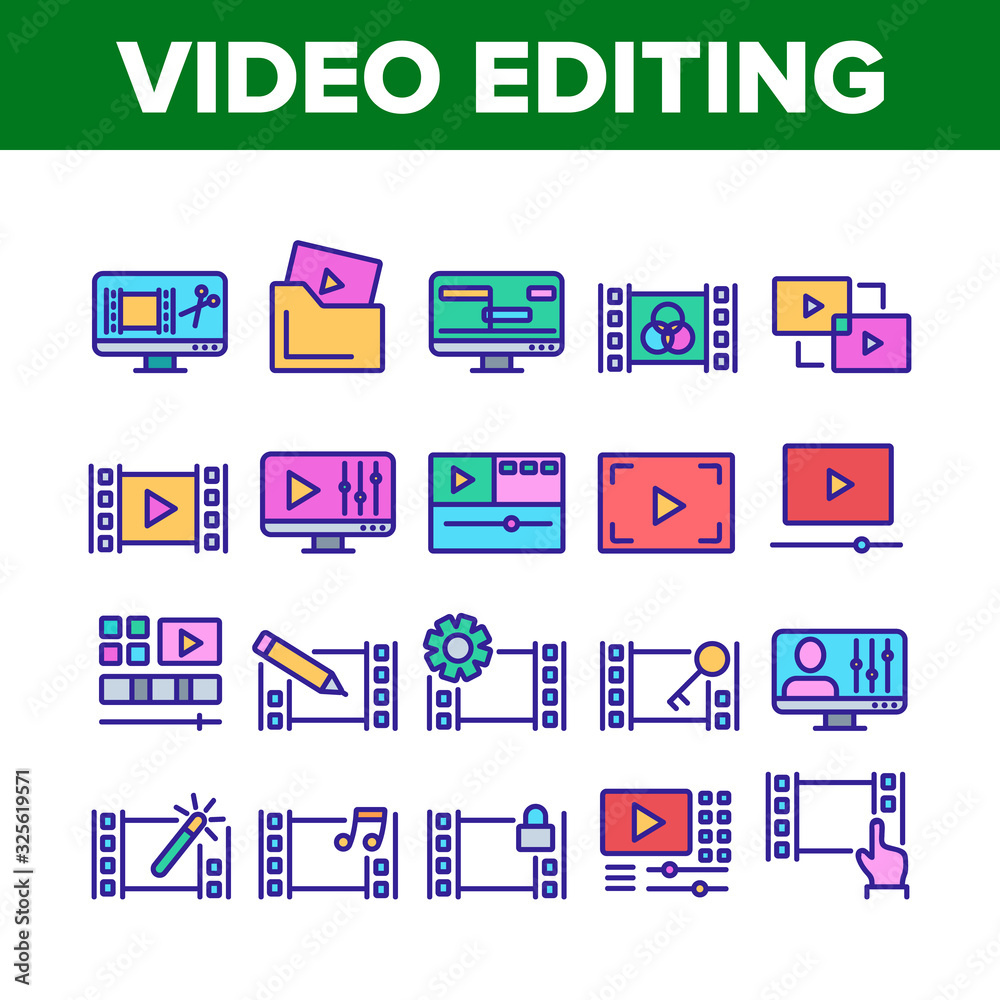 Video File Editing Collection Icons Set Vector. Video And Audio Edit ...