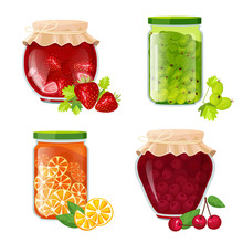 Jam Jars. Marmalade Sugar Healthy Fruits Dessert In Pot Jamming Strawberry Kiwi Cherries Vector Cartoon Collection. Jam Sugar Dessert, Healthy Marmalade Preserve Illustration