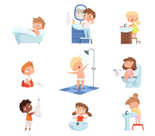 Washing Kids. Brushing Teeth Toilet Hygiene Soap For Childrens Daily Routine Vector Set. Illustration Morning Bathing Children, Hygiene Daily