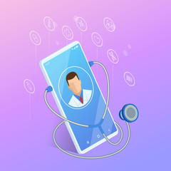 Wall Mural - Isometric Online Medical Consultation. Health care Concept. Health Insurance, Online Prescription. Online diagnosis concept banner with characters.