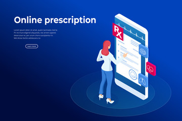 Wall Mural - Isometric Online Medical Consultation. Health care Concept. Health Insurance, Online Prescription. Online diagnosis concept banner with characters.