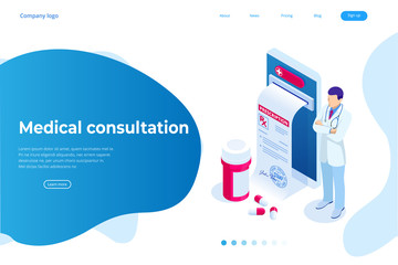 Wall Mural - Isometric Online Medical Consultation. Health care Concept. Health Insurance, Online Prescription. Online diagnosis concept banner with characters.