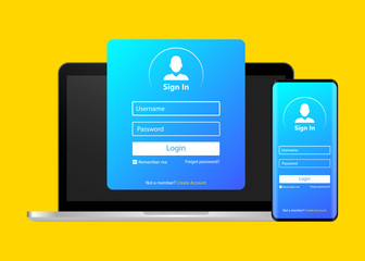 Fototapete - User Login Screen Page Interface Concept Laptop Mobile Phone Set Illustration Vector