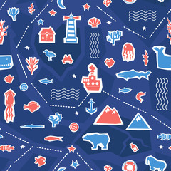 Sea ocean simple styling seamless pattern print. Two color. Print for kids t-shirt and sea style souvenirs. Cut out from paper applique