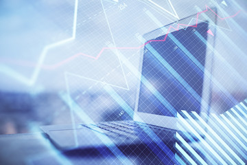 Poster - Stock market graph and table with computer background. Multi exposure. Concept of financial analysis.