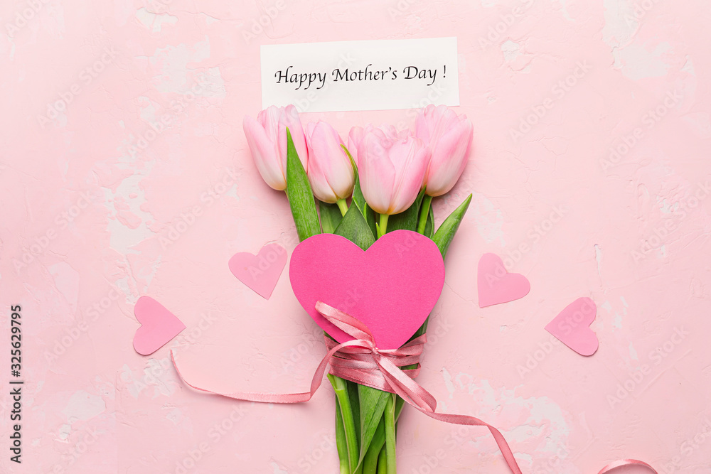 Beautiful flowers and card for Mother's Day on color background - obrazy, fototapety, plakaty 