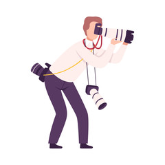 Sticker - Male Photographer Character Taking Photo Using Digital Camera Flat Vector Illustration