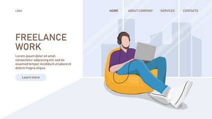 A man with a computer sits on a bean bag chair in a coworking studio. Website landing page design. Vector illustration in a flat style