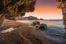 Picturesque Summer Landscape, Pebble Pzrno Beach Near Budva And Sveti Stefan Beach, Amazing Sunset View From Little Cave, Scenic Nature Wallpaper, Montenegro, Europe  