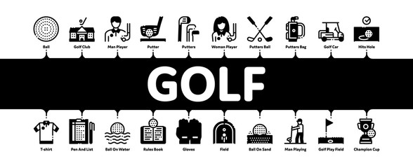 Golf Game Equipment Minimal Infographic Web Banner Vector. Golf Club Building And Putter With Ball, Caddy Car And Field, Player And Champion Cup Illustrations