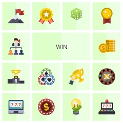 Wall Mural - 14 win flat icons set isolated on white background. Icons set with Leadership, competition, Casino, bet, attainment, achievement, dice, victory, online casino, casino Chip icons.