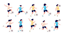 Female Football Players. Isolated Sports People. Women Soccer Team, Cute Active Person. Workout For Girls Characters In Uniform Vector Set. Football Player Woman Playing In Game Training Illustration