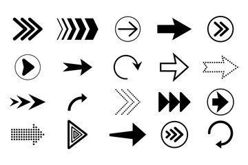 Fototapete - Black arrows collection isolated on white background. Different arrow shapes for navigation or web download. Direction button signs forward, right, down, repeat narrow. Modern cursor symbols. Vector