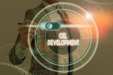 Poster - Writing note showing Oil Development. Business concept for act or process of exploring an area on land or sea for oil