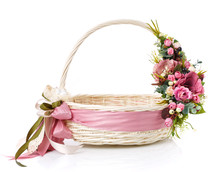 Original Wicker Basket With A Beautiful, Delicate Pink Decor With A Pink Ribbon Around The Basket. On A White Background.