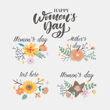 Fototapeta Dinusie - 8 march. Happy Woman's Day Vector congratulation card with linear floral wreath