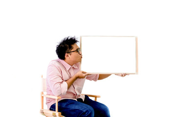 asian young man hands holding an empty white advertising banner and copy space isolated on white bac