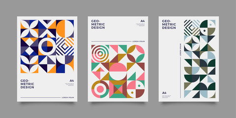 Retro covers for annual report, brochure. Vintage shape compositions in bauhause style. Vector illustration