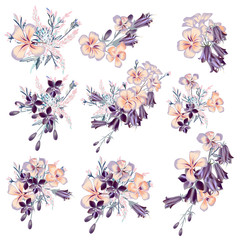 Poster - Collection of vector purple flowers compositions for wedding designs, invitations in vintage style