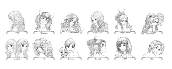 all twelve zodiac collection signs like beautiful girls, outline vector illustration. clip art, elem