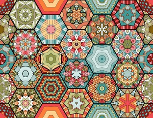 Wall Mural - Colorful seamless pattern in ethnic style from hexagonal tiles with bright ornaments.