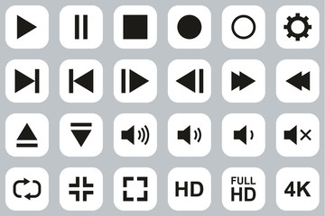 Wall Mural - Video & Audio & Camera Button Icons Black & White Flat Design Set Big