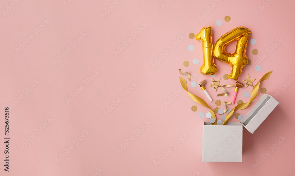 Number 14 birthday balloon celebration gift box lay flat explosion - obrazy, fototapety, plakaty 
