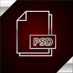 Silver line PSD file document. Download psd button icon isolated on dark red background. PSD file symbol. Vector Illustration