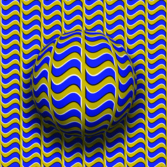 Canvas Print - Rotating sphere of wavy quadrangles pattern. Vector blue golden optical illusion background.