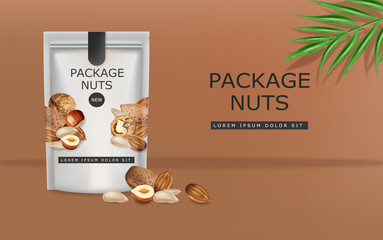 Nuts vector realistic mock up. Greek walnuts, almonds and hazelnuts. 3d detailed design packages