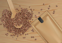 Buckwheat Spread Vector Realistic Top View. Product Packaging Design. Detailed Grains On Wooden Spoon. 3d Illustrations