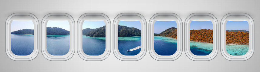 Canvas Print - Airplane windows with Surin Islands view, Thailand. Travel and holiday abstract concept