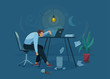 © zaie - Burnout concept vector background. Tired man sitting on an office chair and trying work at the computer. Nighttime. Business flat cartoon illustration