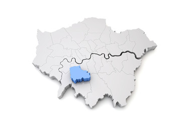  Greater London map showing Merton borough in blue. 3D Rendering