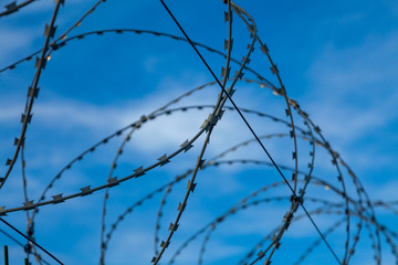 Barbed wire web against the blue sky in light clouds