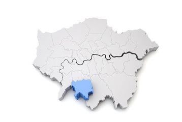  Greater London map showing Sutton borough in blue. 3D Rendering