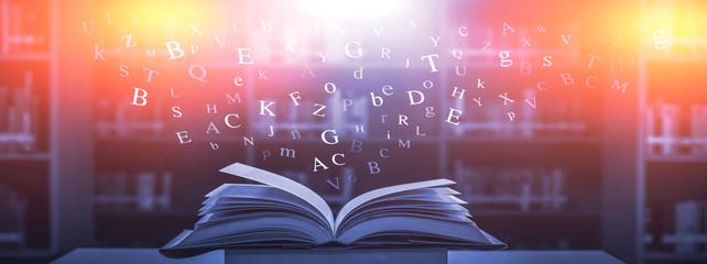 Poster - The concept of education by planting a tree of knowledge in the opening of an old book in the library and the magical magic of light that flies to the destination of success. Beautiful background