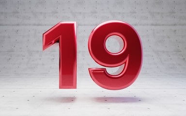 Red number 19. Metallic red color digit isolated on concrete background.