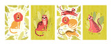Fototapeta Fototapety na ścianę do pokoju dziecięcego - Cute leopard, tiger and lion in the jungle. Set of vertical postcards and banners in vector. Funny wild animal in tropical leaves and plants. Exotic cat cartoon character. Hand drawn illustration.