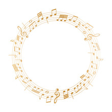 Golden Round Frame With Music Notes On White Background