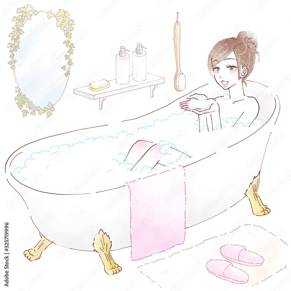 猫足バスタブでお風呂に入る若い女性 の Stock イラスト | Adobe Stock