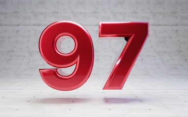 Red number 97. Metallic red color digit isolated on concrete background.