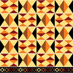 Wall Mural - Tribal vector seamless textile pattern - Kente mud cloth style, traditional geometric nwentoma design from Ghana, African in yellow and brown