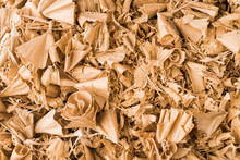 Beautiful Spiral Curled Wooden Sawdust In Texture Detail. Abstract Close-up Of Wood Shavings Scattered On Pile As Decorative Background. By-product Of Milling, Routing Or Drilling. Woodworking Waste.