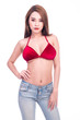 © Sasils Production - Cute asian woman in red bikini and jeans isolated in white background. Confident look. Sexy summer concept.