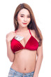 © Sasils Production - Cute asian woman with dollar bill on her chest isolated in white background. Confident look.